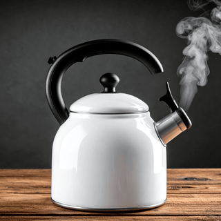 White kettle with black handle on a wooden surface and dark background